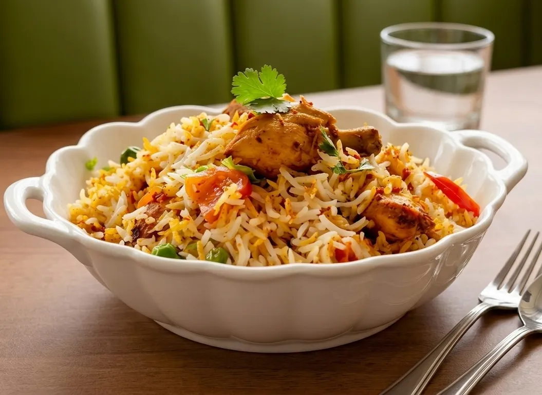 Hyderabadi-style biryani with basmati rice, onions and lime at Nitara Edmonton