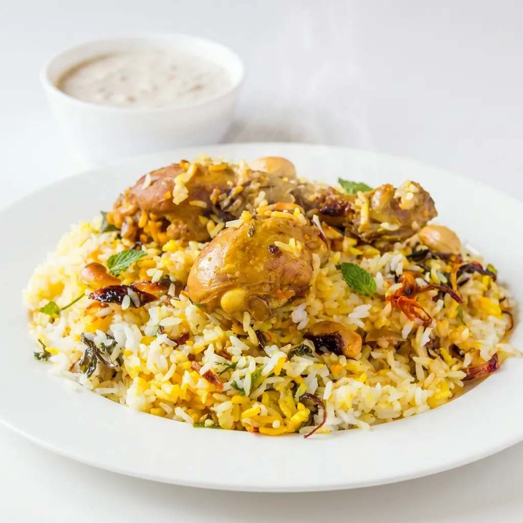 Chicken biriyani served with raita at Nitara in Edmonton, AB