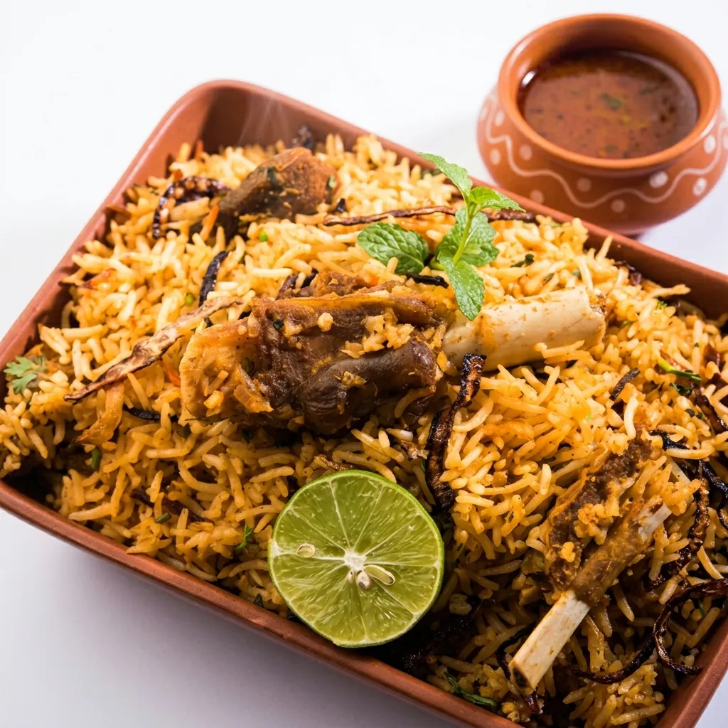 Goat biriyani with basmati rice at Nitara South Indian restaurant in Edmonton, AB